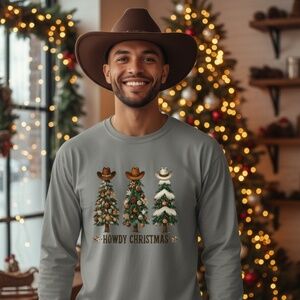Howdy Christmas Western Tree T-shirt Rustic Design Unisex S M L XL XXL Gray